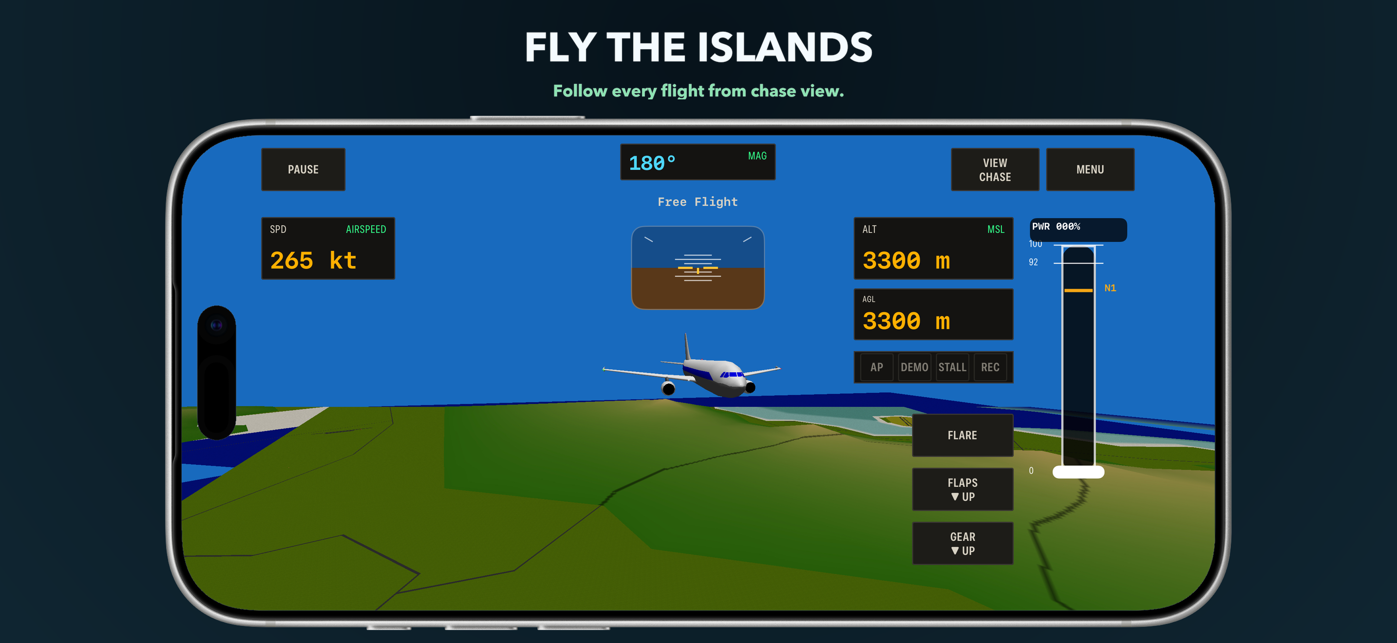 AeroGlide chase view following an Airbus A300 over the islands