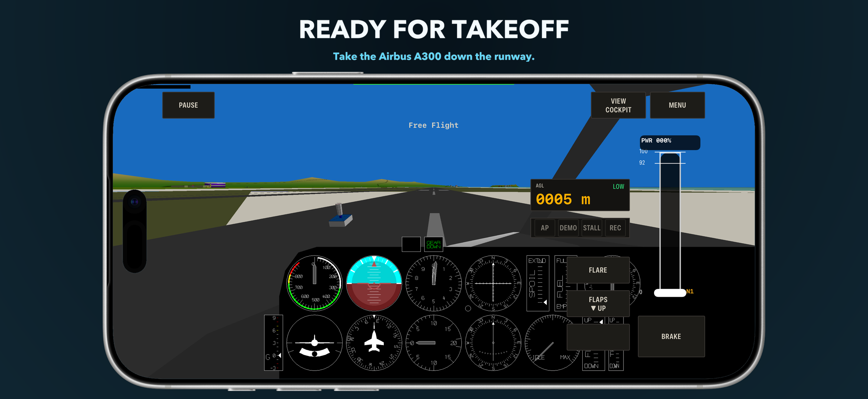 AeroGlide cockpit view of an Airbus A300 taking off from a runway