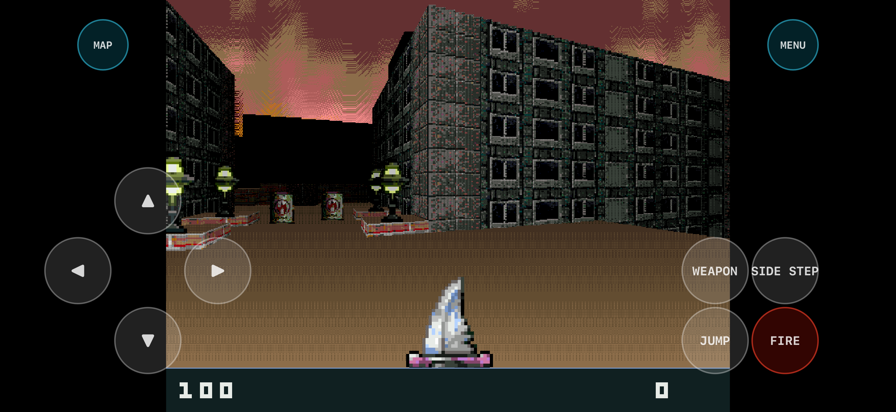 Anarch gameplay view showing a retro city level, touch controls, and weapon controls