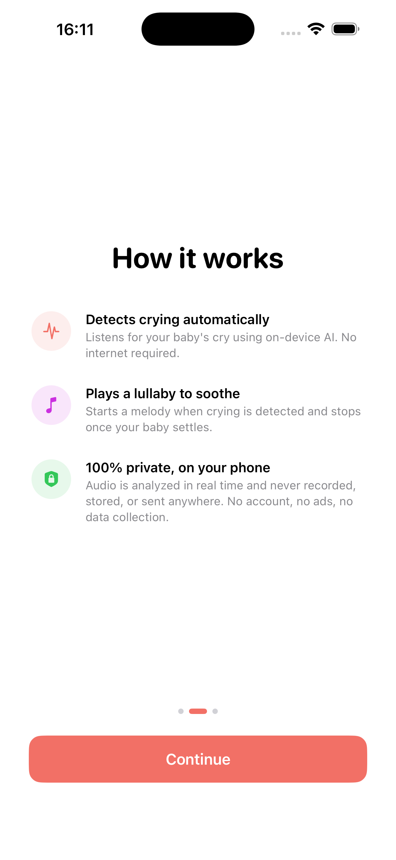 Lulliq onboarding screen explaining cry detection, lullabies, and privacy