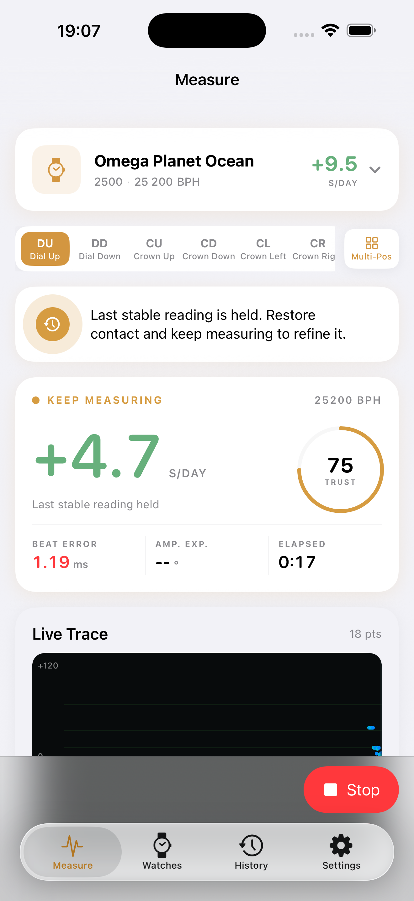 Tempochron measuring a mechanical watch with rate, trust, beat error, BPH, and live trace