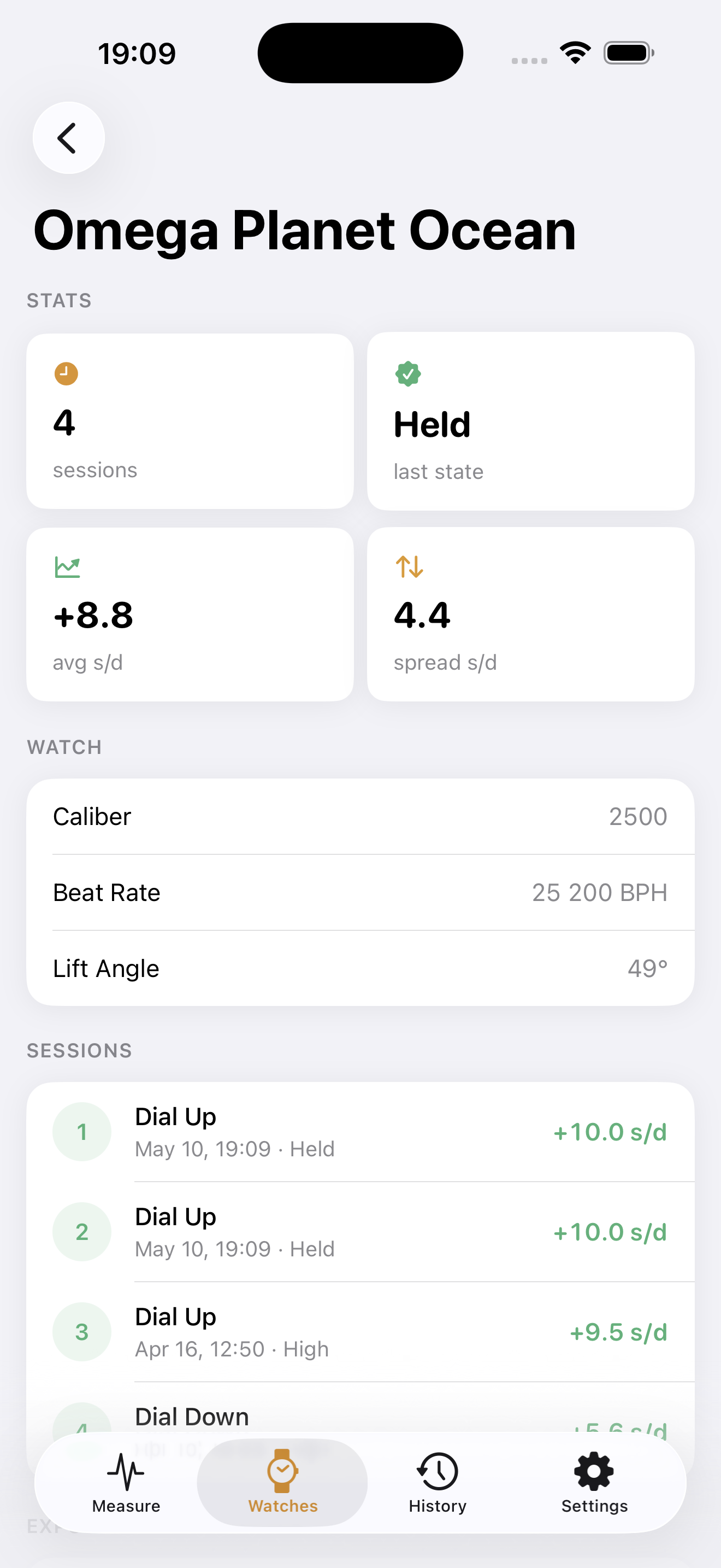 Watch detail screen showing saved sessions, average rate, spread, caliber, and beat rate